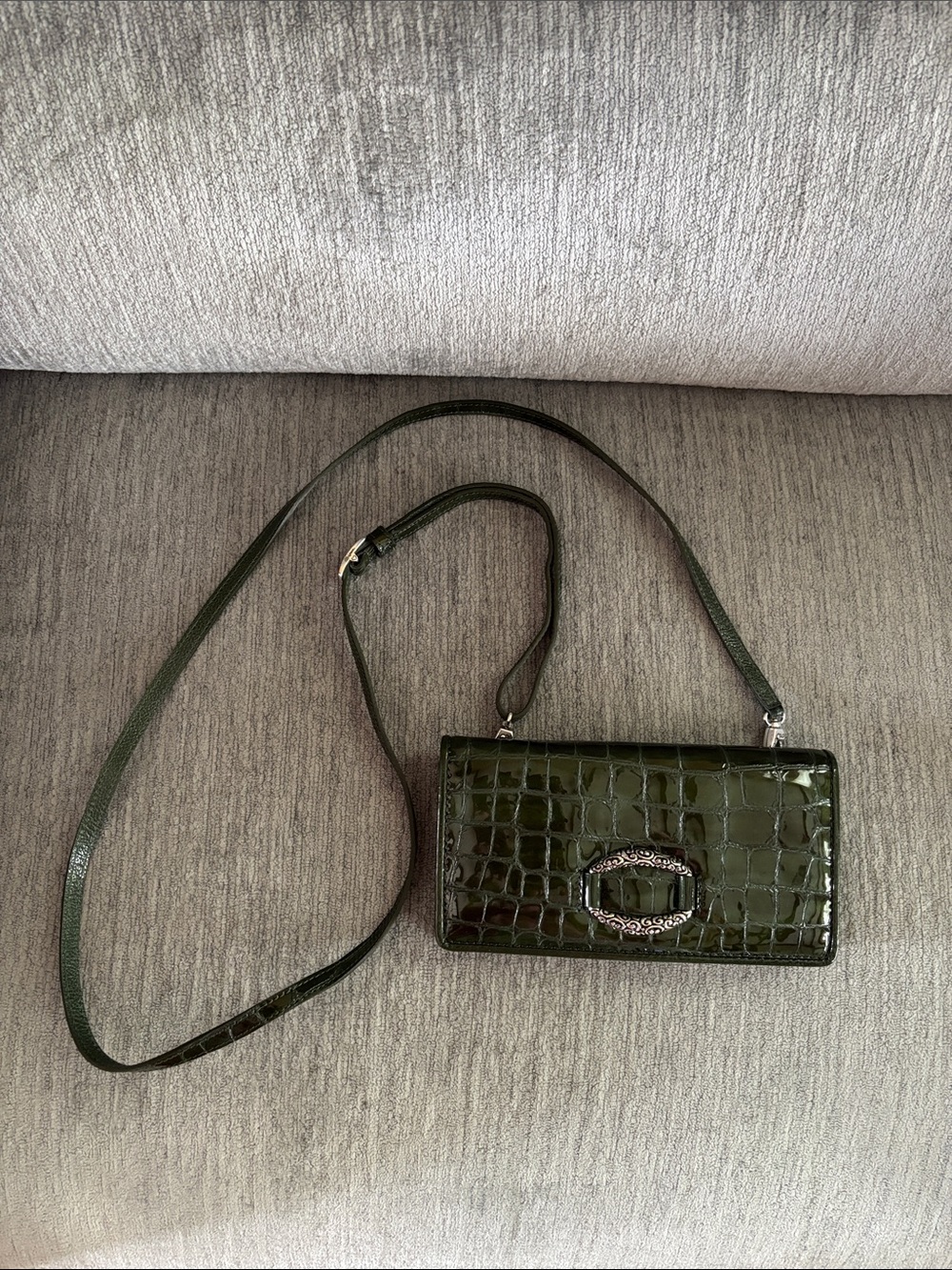 Dark Green Croc-Embossed Crossbody Bag with Decorative Buckle
